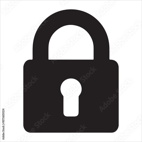 This high-contrast, black and white icon depicts a classic padlock. The silhouette shows a solid black body with a rounded U-shaped shackle at the top. A distinct, white keyhole shape is positioned 