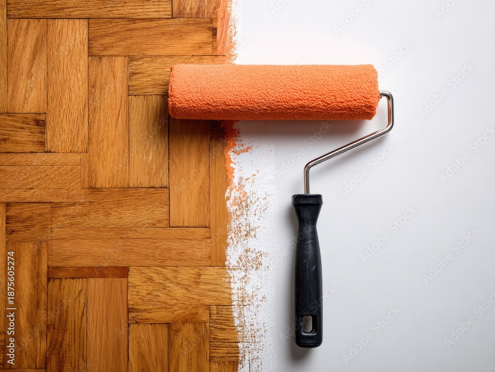Obraz premium Close-up of a paint roller, applying orange stain to wood floor boards and white surface