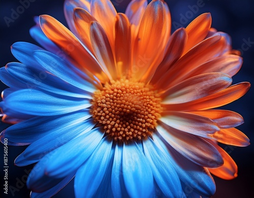 vibrant blue and orange daisy flower close up with glowing petals and dark background