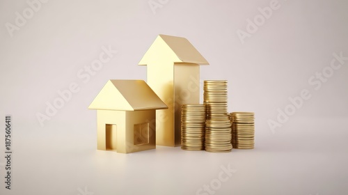 Golden miniature houses and coin stacks symbolize real estate investment growth, financial prosperity, and wealth accumulation opportunities.