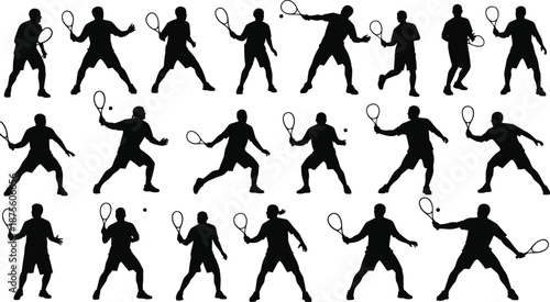 Collection of black silhouettes of tennis players in diverse action poses with rackets and balls for sports training, design, and illustration use