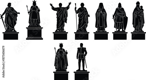 PrintSet of Historical Statue Silhouettes Including Kings Queens Emperors and Religious Figures on Pedestals Isolated on White for Heritage Design Projects