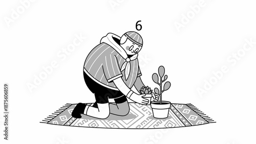 Man Tending to Potted Cactus Plant.