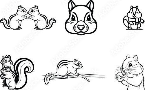 black and white illustrations of squirrels and chipmunks in various poses