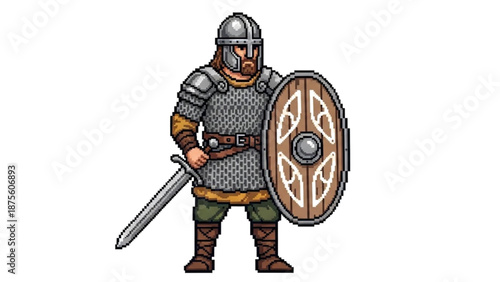 A pixel art illustration of a medieval Viking warrior holding a sword and shield