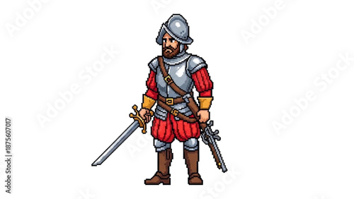 A cartoon illustration of a medieval knight in armor holding a sword and pistol