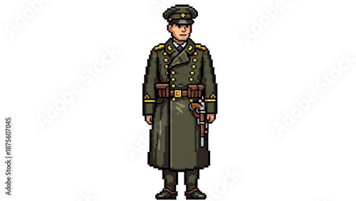 A pixel art illustration of a military officer in a green uniform and hat standing on a white background