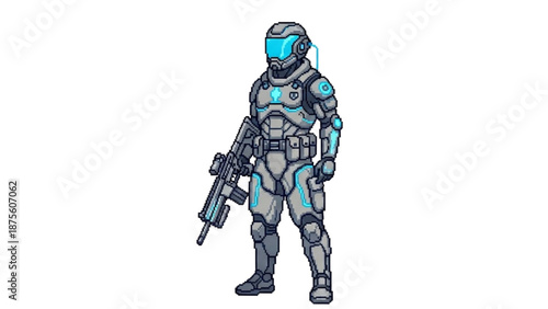 A futuristic soldier in a sleek gray and blue spacesuit holding a high-tech rifle on a clean white background