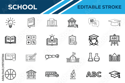 School icons and educational symbols in editable stroke style