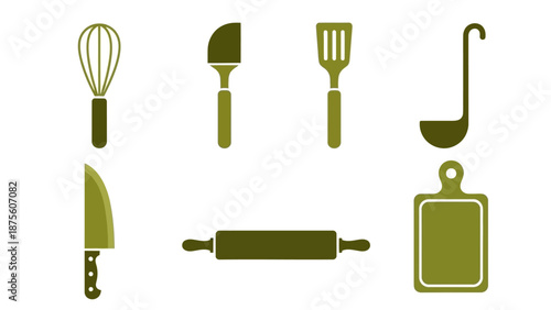 Kitchen Utensils Set Olive Green Icons.