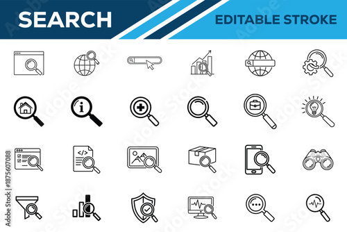 Collection of editable search icons in stroke style