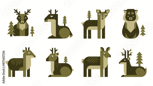Collection of Deer and Bear Illustrations.