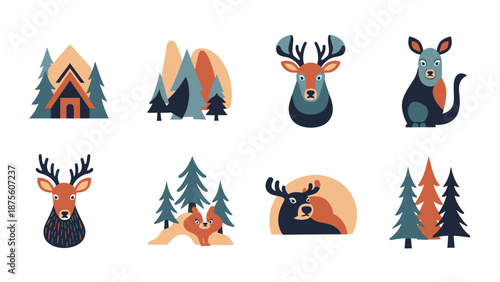Colorful Deer and Squirrel Illustrations with Trees.
