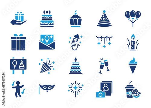 Birthday thin blue icon set. Containing Party Favors, Birthday Cake, Cupcake, Party Hat, Balloons, Presents, Invitation