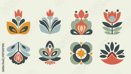 Collection of Floral Illustrations with Geometric Shapes.