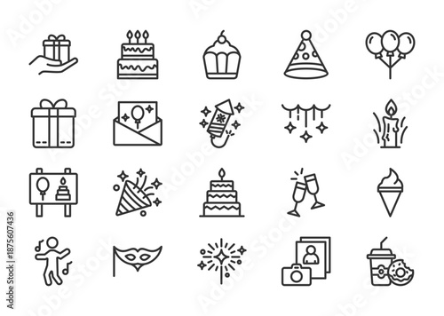 Birthday thin blue icon set. Containing Party Favors, Birthday Cake, Cupcake, Party Hat, Balloons, Presents, Invitation