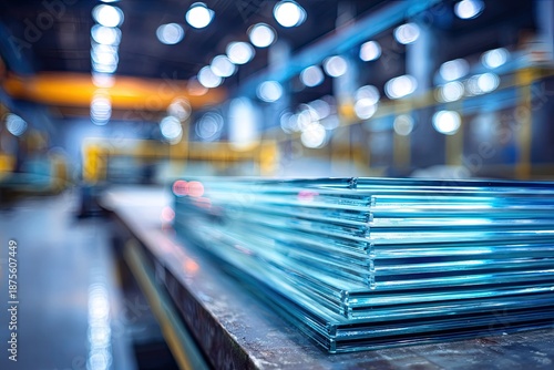 Wallpaper Mural Close-up of stacked metal sheets on a factory table, with blurred machinery in background Torontodigital.ca