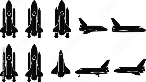 PrintSpace shuttle silhouette vector set featuring orbiter launch configuration, external tank, solid rocket boosters, and landing gear icons for aerospace design