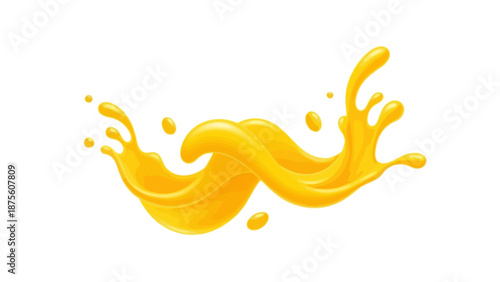 Splash of vibrant yellow liquid, resembling juice or paint, with dynamic curves and droplets, isolated on a white background for a fresh and energetic feel