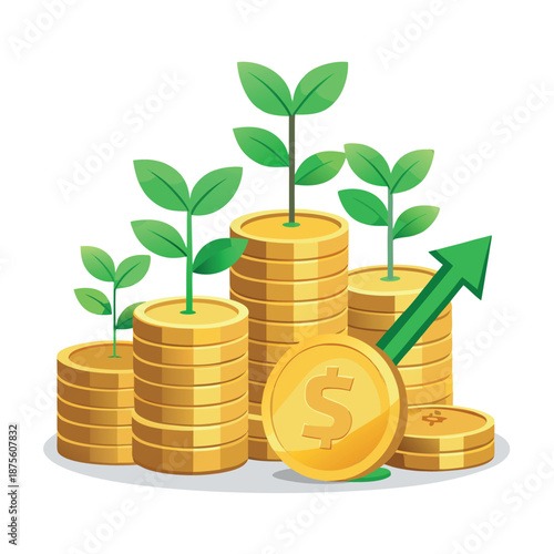 growing plants on stacks of gold coins with an upward arrow, symbolizing financial growth and investment.