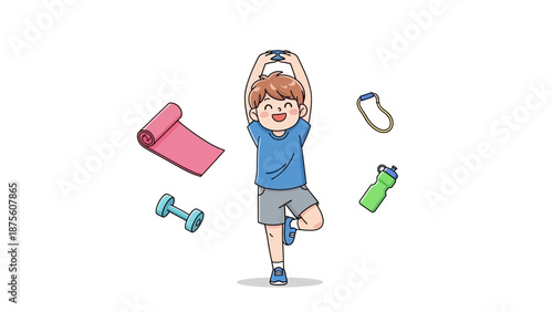 Cartoon of a happy young boy doing exercise with fitness equipment like a yoga mat, dumbbells, and water bottle