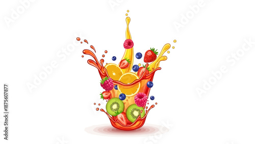 Vibrant and Dynamic Illustration of Fresh Fruits Splashing into a Refreshing Juice Mix, Symbolizing Healthy Beverages and Energetic Summer Drinks