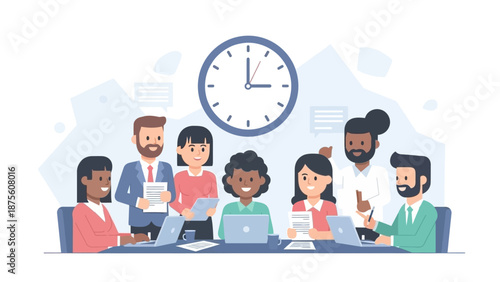 Diverse team collaborates efficiently in a productive business meeting, working around a table with a large clock, symbolizing effective time management and teamwork