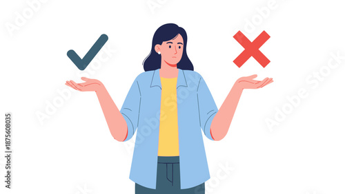 Illustration of a person contemplating a binary choice, with a positive checkmark and a negative cross, representing the challenge of making correct decisions in various situations