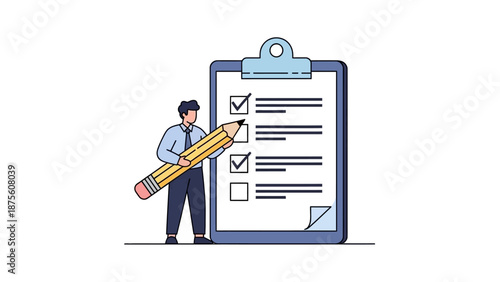A Businessman Completes a Checklist on a Clipboard with a Large Pencil, Illustrating Productivity and Task Management