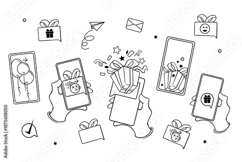 Birthday invitation line icons set for social media and messaging.Minimal hand drawn line illustrations of birthday invitations, gifts, balloons and greeting messages displayed on smartphone screens. 