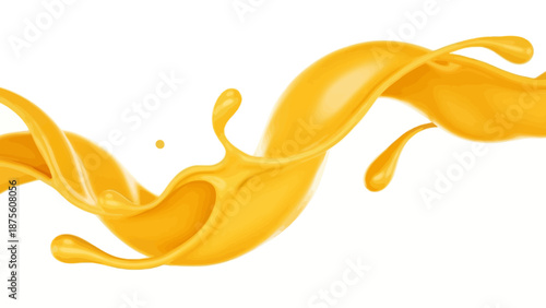 Dynamic and vibrant yellow-orange liquid splash creating an abstract swirling pattern, showcasing fluidity and energetic motion against a clean white background