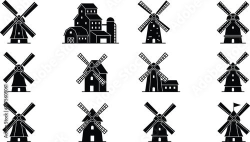 PrintWindmill silhouette set with traditional farm buildings, grain elevator, rural barn, and Dutch wind power icons for agricultural landscape vector designs