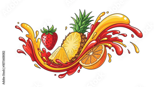 A vibrant illustration depicting a juicy splash of assorted fruits including strawberries, pineapple, and oranges, evoking a sense of refreshing flavor and summer vibrancy