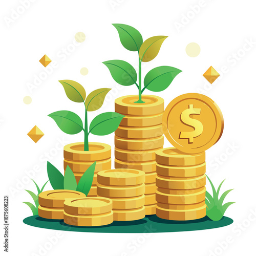 growing plants on stacks of gold coins with an upward arrow, symbolizing financial growth and investment.