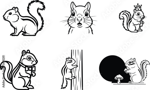 black and white illustrations of squirrels in different poses and outfits on white background