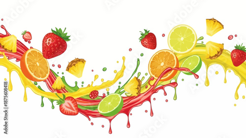 Vibrant fruit juice splash with fresh strawberries, zesty oranges, tangy limes, and sweet pineapple, creating a dynamic burst of refreshing colorful liquid