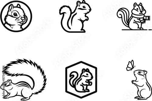 black and white illustrations of squirrels in different poses and shapes
