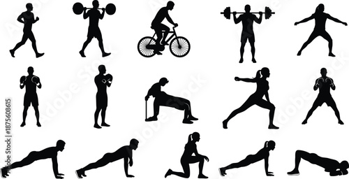 Fitness workout silhouette icons, gym exercise vector set, body training poses, strength, cardio, flexibility, sports activity, black pictogram collection