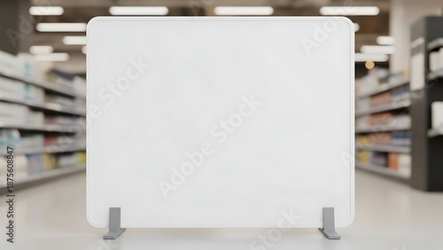 A large white sign stands on a stand in a library aisle between shelves.