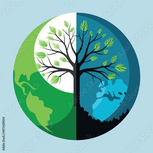 Earth split in half, with a tree in the center, green nature on one side