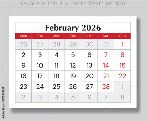 February 2026 calendar page. English monthly vector Monday start
