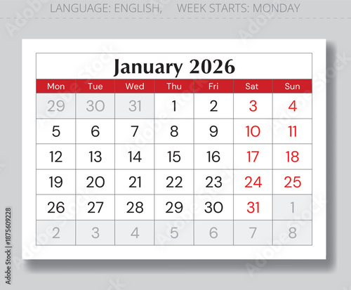 January 2026 calendar page. English monthly vector Monday start