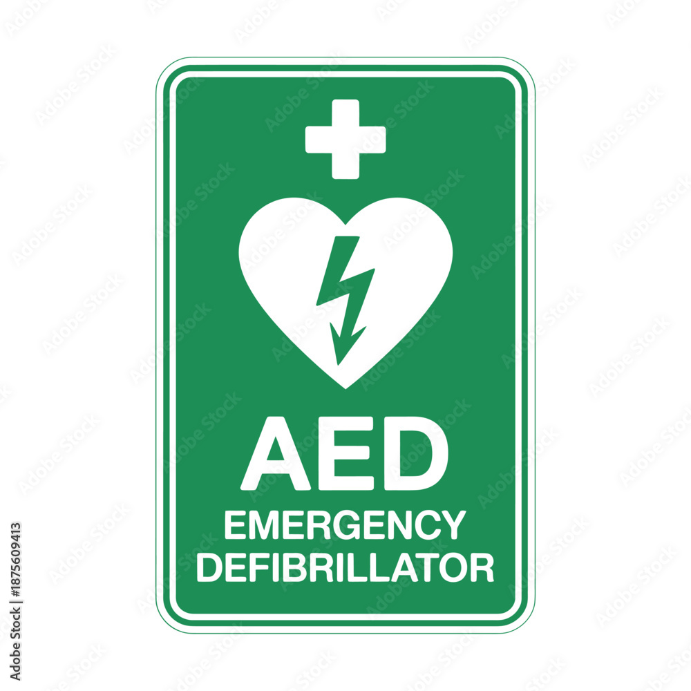Obraz premium aed emergency defibrillator sign with green background
