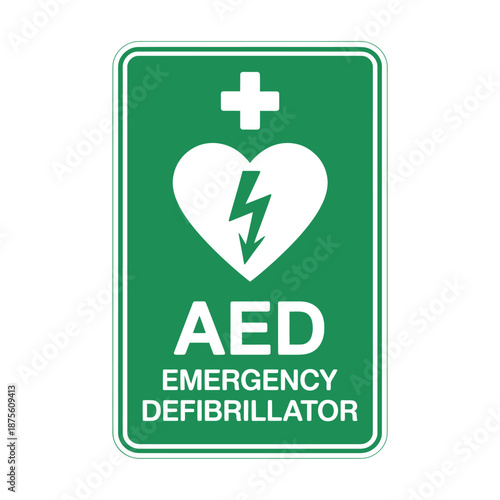 aed emergency defibrillator sign with green background