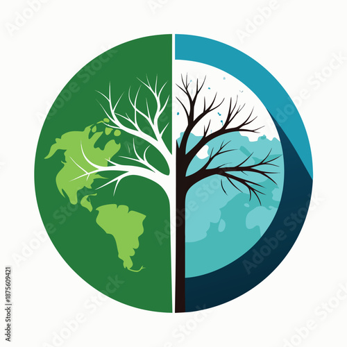 Earth split in half, with a tree in the center, green nature on one side
