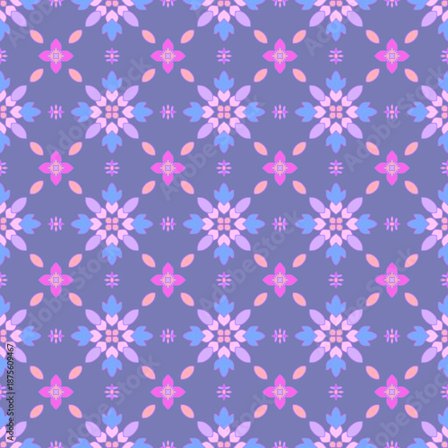 Ornate Seamless Lilac Floral Pattern: Symmetrical Pink and Blue Blossom Motifs on Elegant Purple Damask Background for Luxury Textile, Wallpaper, and Bedding Decor.