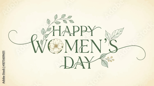 Elegant happy women's day greeting card with floral design and green text on cream background perfect for celebration