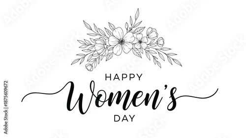 Elegant black and white women's day greeting card with floral wreath and cursive text on white background perfect for celebration