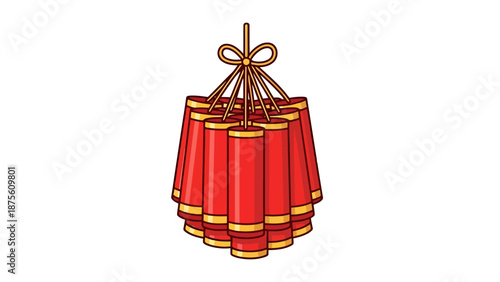 Traditional Red Firecracker Bundle With Golden Bands Tied Together By Twine For Festive Celebrations And New Year Events