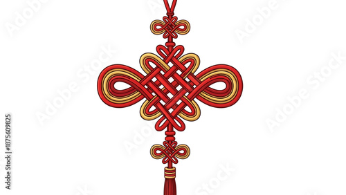 Traditional Chinese Knot Ornament Red and Gold Intricate Design Isolated on White Background for Festive Asian Celebrations